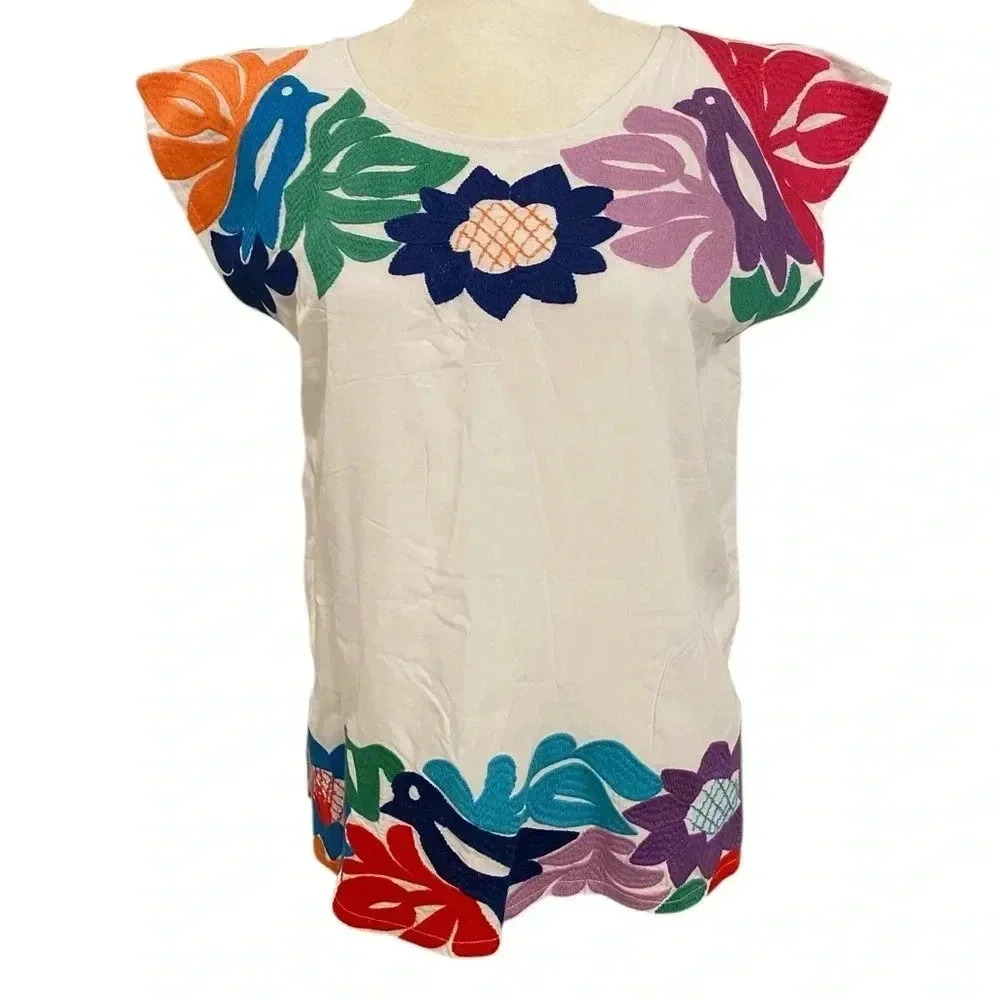. Marie Womens Maya Embroidered Mexican Textile Shirt Blouse